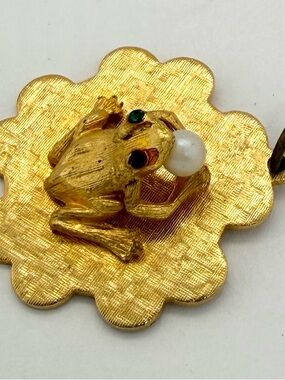 Vintage Hobco Gold Tone Frog Pendant with Faux Pearl and Green Eye